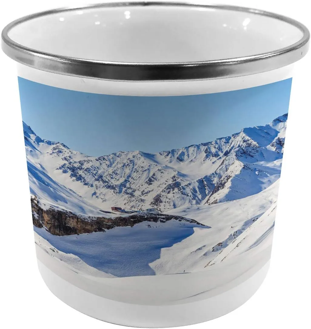 Lunarable Mountain Metal Camping Cup, Snowy Winter Scenery in The Alphs Under Clear Sky Tranquil in Wilderness Print, Stainless Steel Mug for Indoor and Outdoor Activities, Blue White