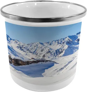 Lunarable Mountain Metal Camping Cup, Snowy Winter Scenery in The Alphs Under Clear Sky Tranquil in Wilderness Print, Stainless Steel Mug for Indoor and Outdoor Activities, Blue White