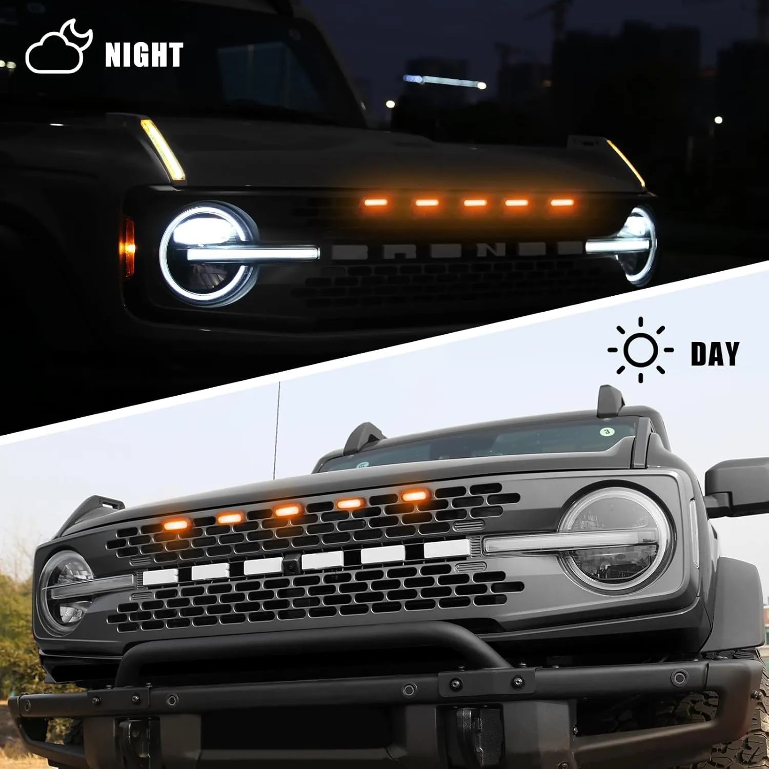 Mabett 5PCS LED Grille Lights for Ford Bronco Accessories 2021 2022 2023 2024 2025 2/4-Door fit Badlands Wildtrak & Everglades