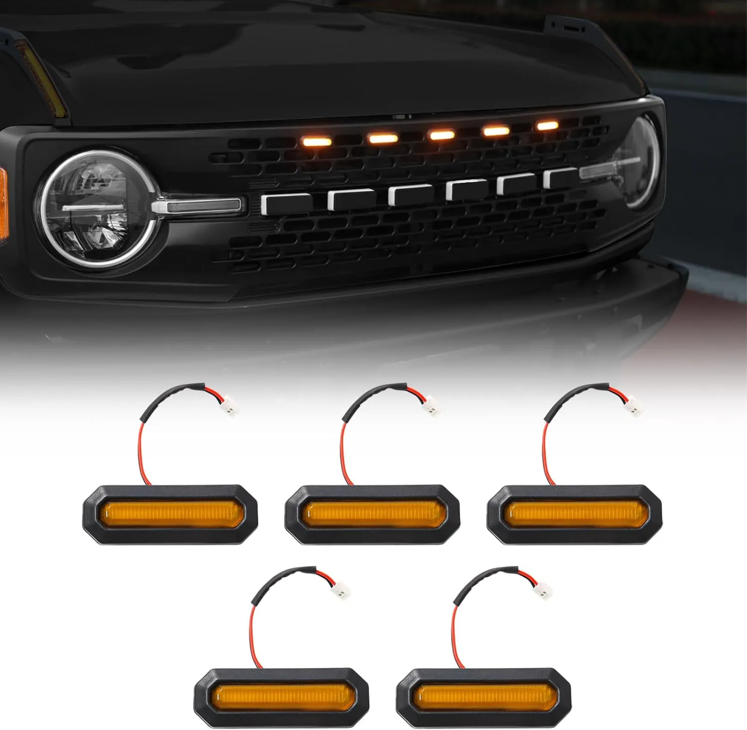 Mabett 5PCS LED Grille Lights for Ford Bronco Accessories 2021 2022 2023 2024 2025 2/4-Door fit Badlands Wildtrak & Everglades