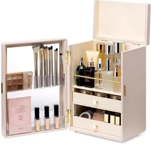 Makeup Storage Box Elegant Dustproof Makeup Storage Organizer Box, Waterproof Large Cosmetics Organizer Storage Cabinet with Door and Drawers, Skincare Cosmetic Display Cases for Counte