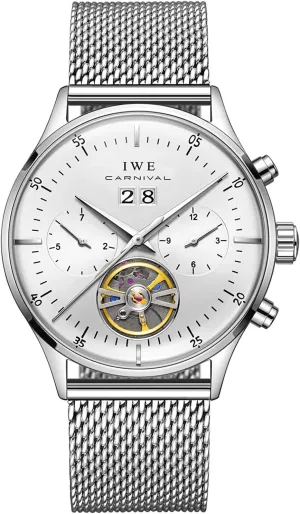 MASTOPSwiss Brands Men's Complications Automatic Mechanical Watch Stainless Steel Band Business Dress Wrist Watch Classic Calendar Date Waterproof Hollow-Out Wrist Watch