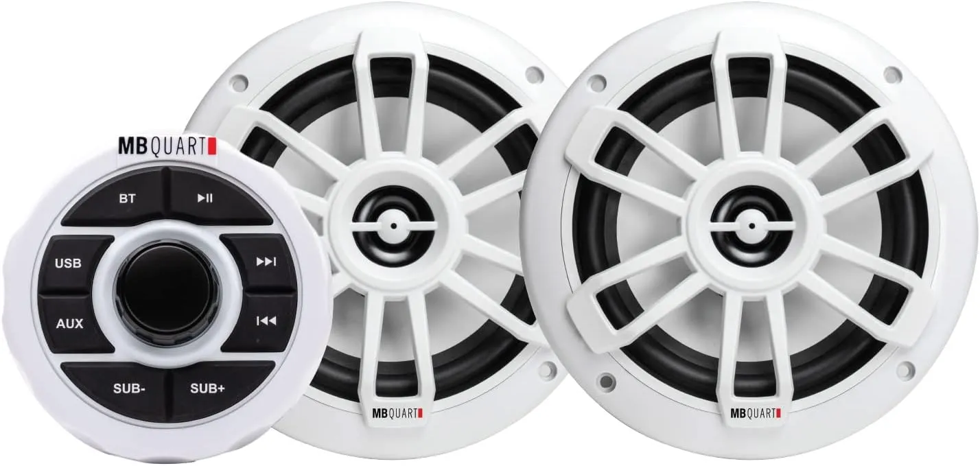 MB Quart Marine Boat Speakers with Bluetooth Source Unit (White) – 6.5 Inch, 160 Watt Each, Marine Grade Waterproof, Full Range, Set of 2 Speakers