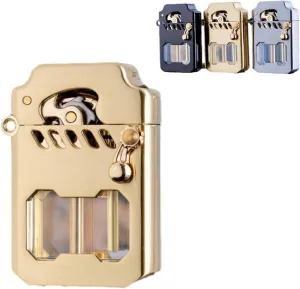 Mecha Metal Rocker Lighter With Transparent Oil Tank - Retro Kerosene Windproof Lighter With Rocker Arm (Gold)