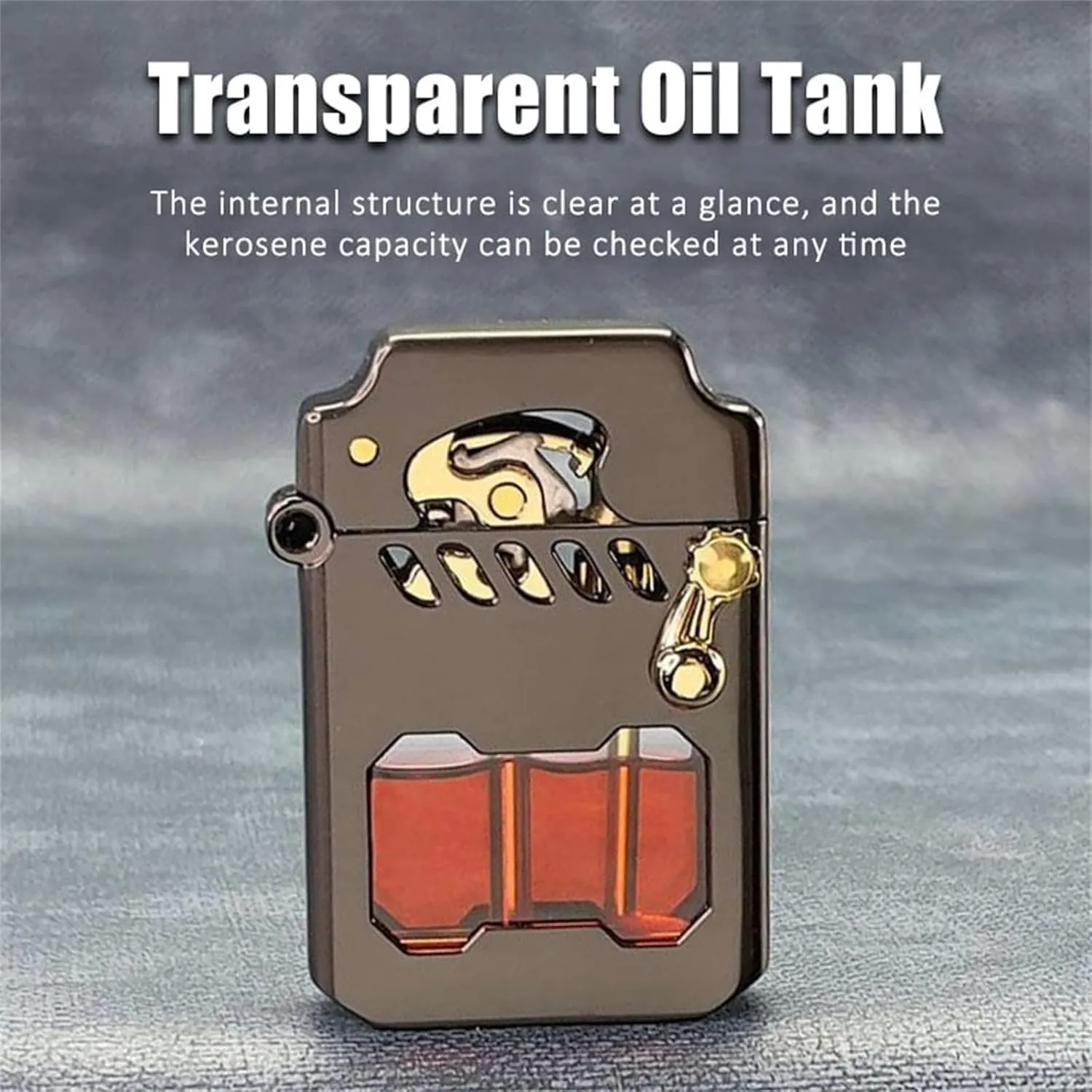 Mecha Metal Rocker Lighter With Transparent Oil Tank - Retro Kerosene Windproof Lighter With Rocker Arm (Gold)