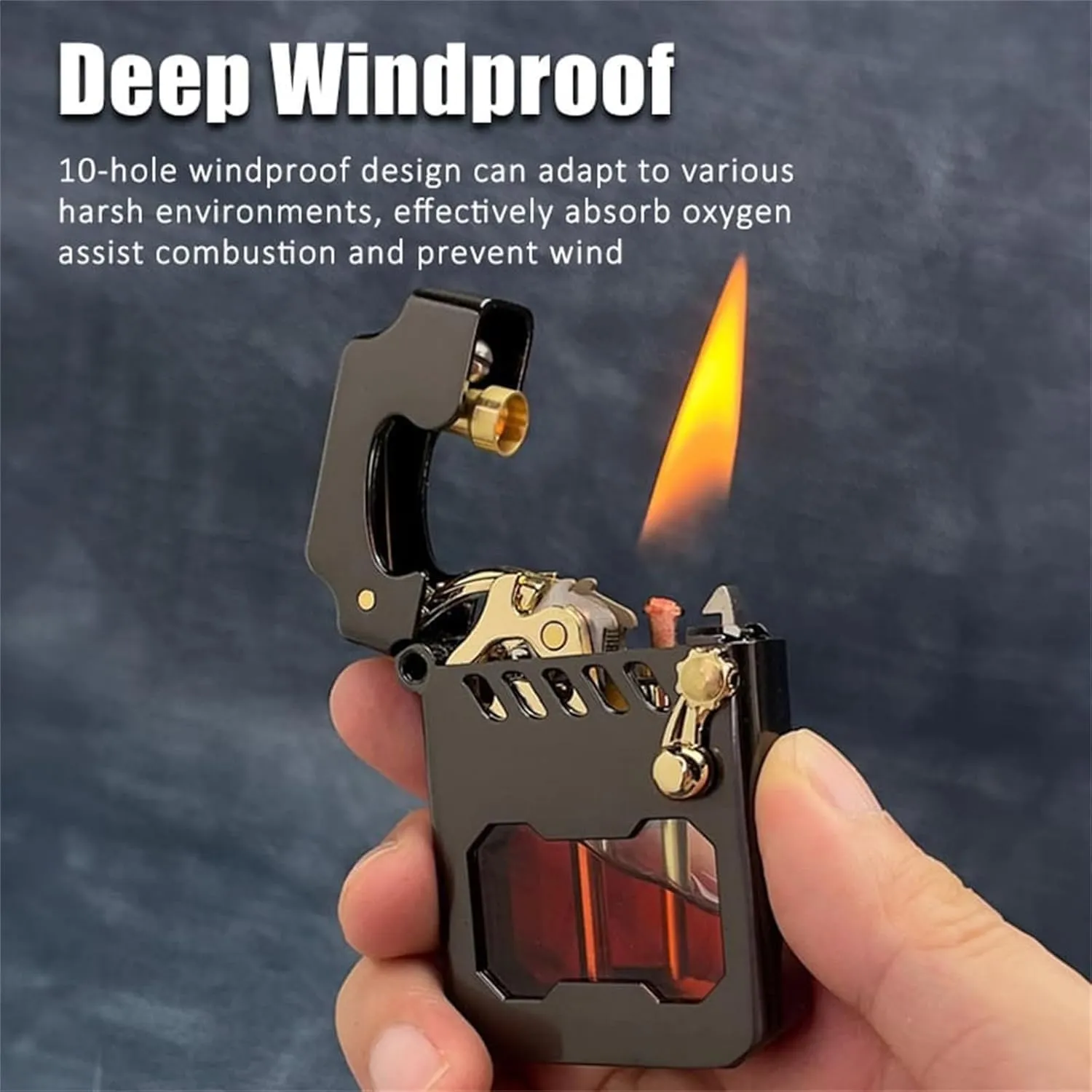 Mecha Metal Rocker Lighter With Transparent Oil Tank - Retro Kerosene Windproof Lighter With Rocker Arm (Gold)