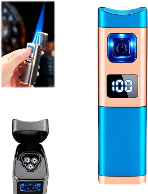 Metal Jet Flame Lighter - Triple Jet Flame Refillable Butane Windproof Lighter with Punch Rest Holder (Blue)