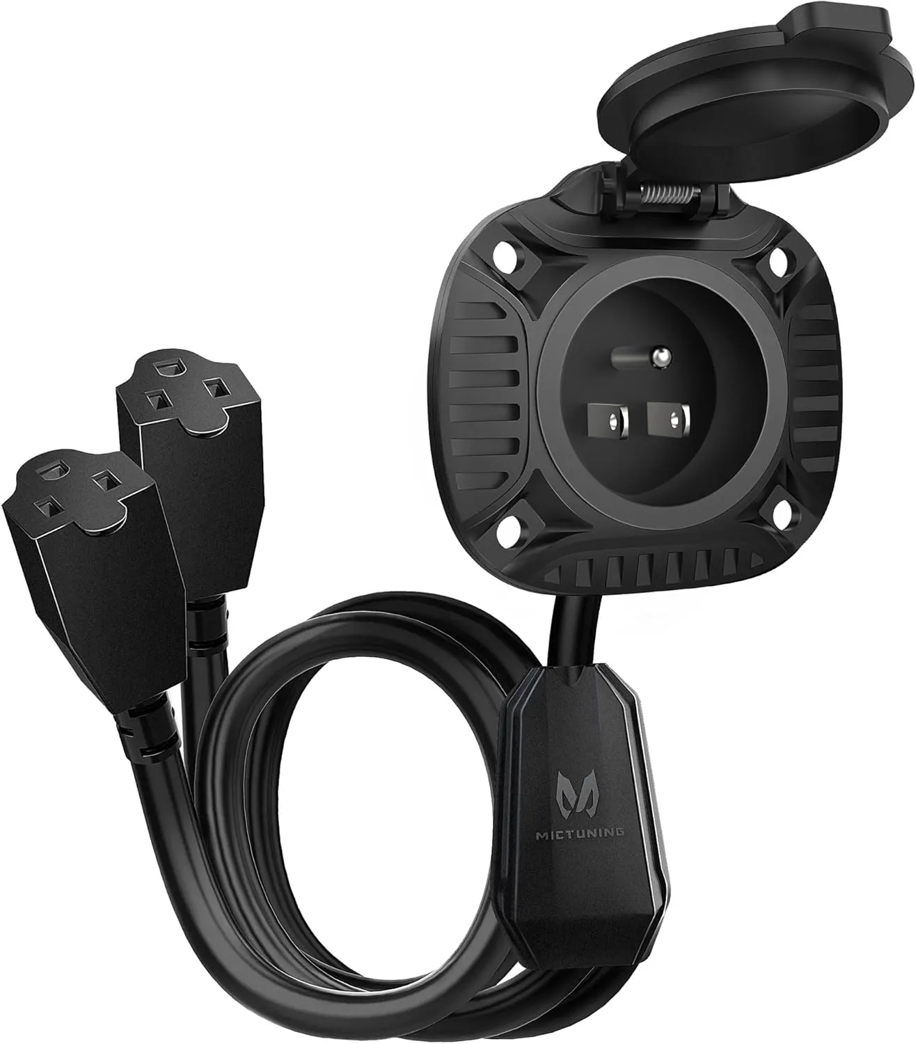 MICTUNING 15Amp 250V AC Port Plug with Heavy Duty Integrated Dual 20" Extension Cord Y Splitter Cable and Water-Resistant Spring-loaded Cover - Black