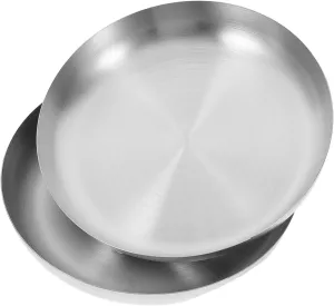 Mikinona 2Pcs Stainless Steel Snack Plates Reusable Metal Dishes for Adults Lightweight Round Dinnerware for Camping Bbq Picnics Easy to Clean