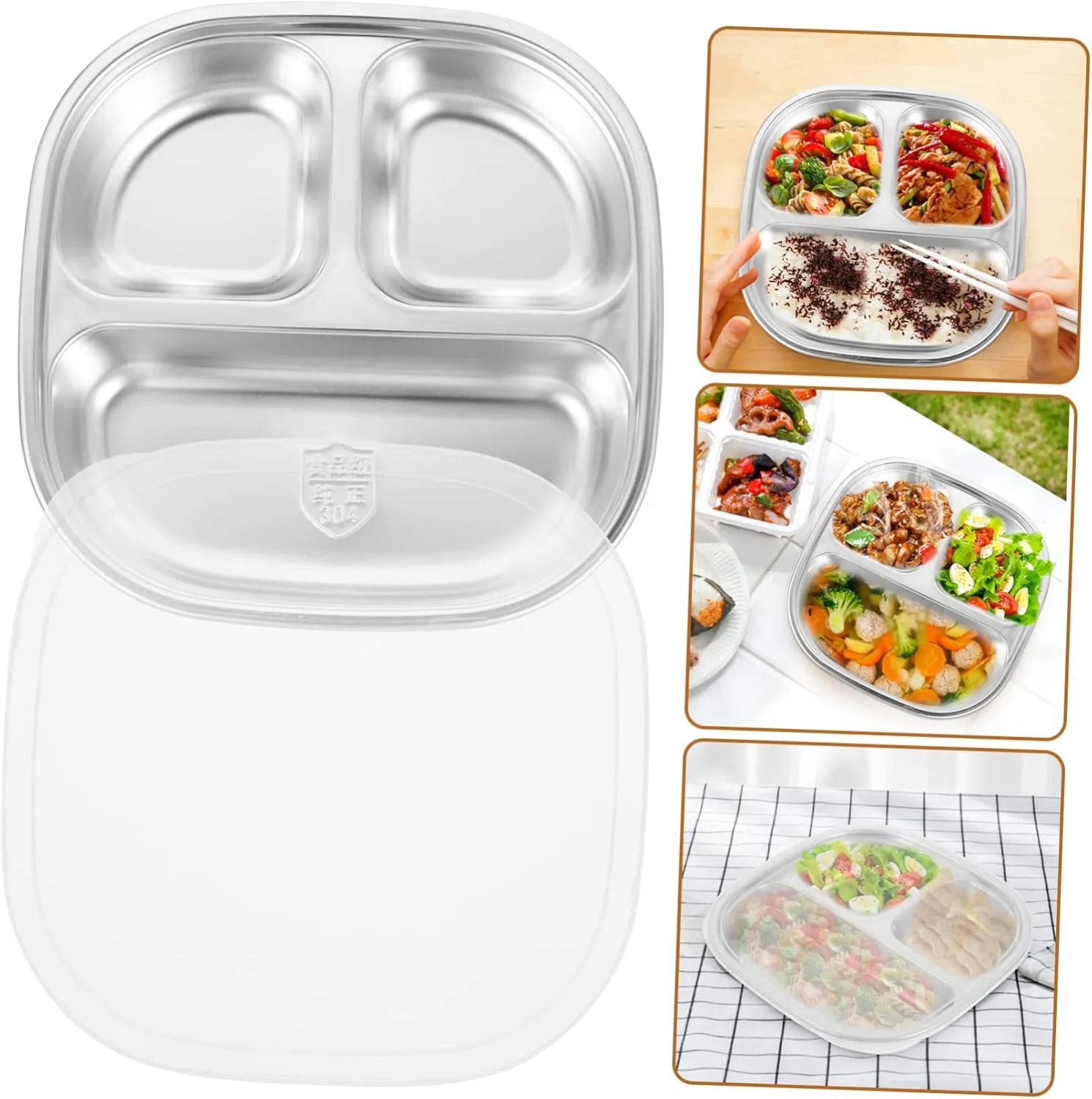 Mikinona Stainless Steel Divided Tray Food Grade Three-section Plate for Boys and Girls Camping and Outdoor Dining Easy to Clean Reusable Dishwasher Safe for Lunch and Dinner
