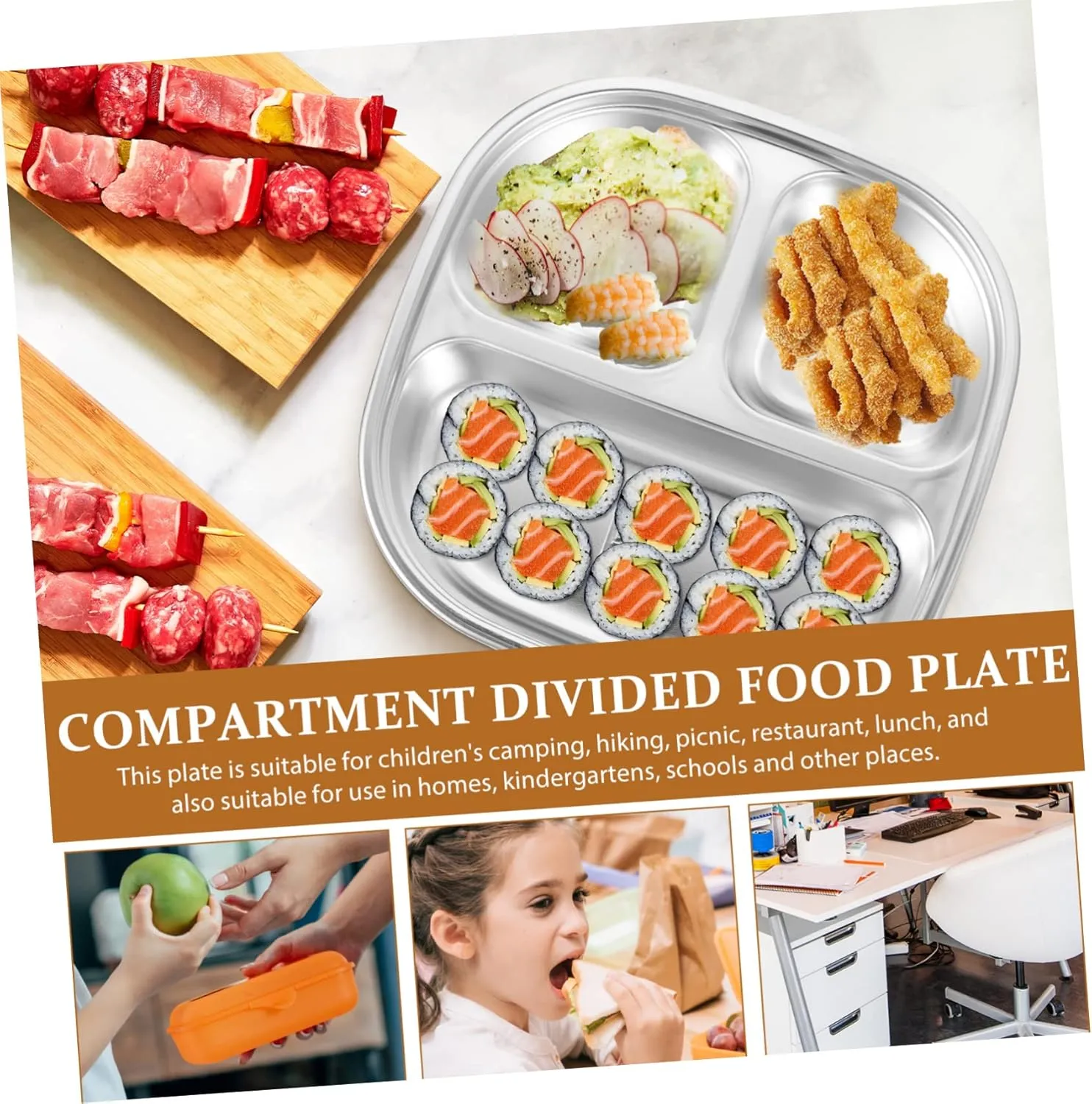Mikinona Stainless Steel Divided Tray Food Grade Three-section Plate for Boys and Girls Camping and Outdoor Dining Easy to Clean Reusable Dishwasher Safe for Lunch and Dinner