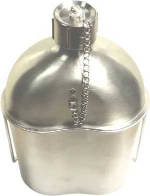 Military Stainless Steel Canteen & Kidney Style Cup for Hiking, Camping, 1 Quart Canteen