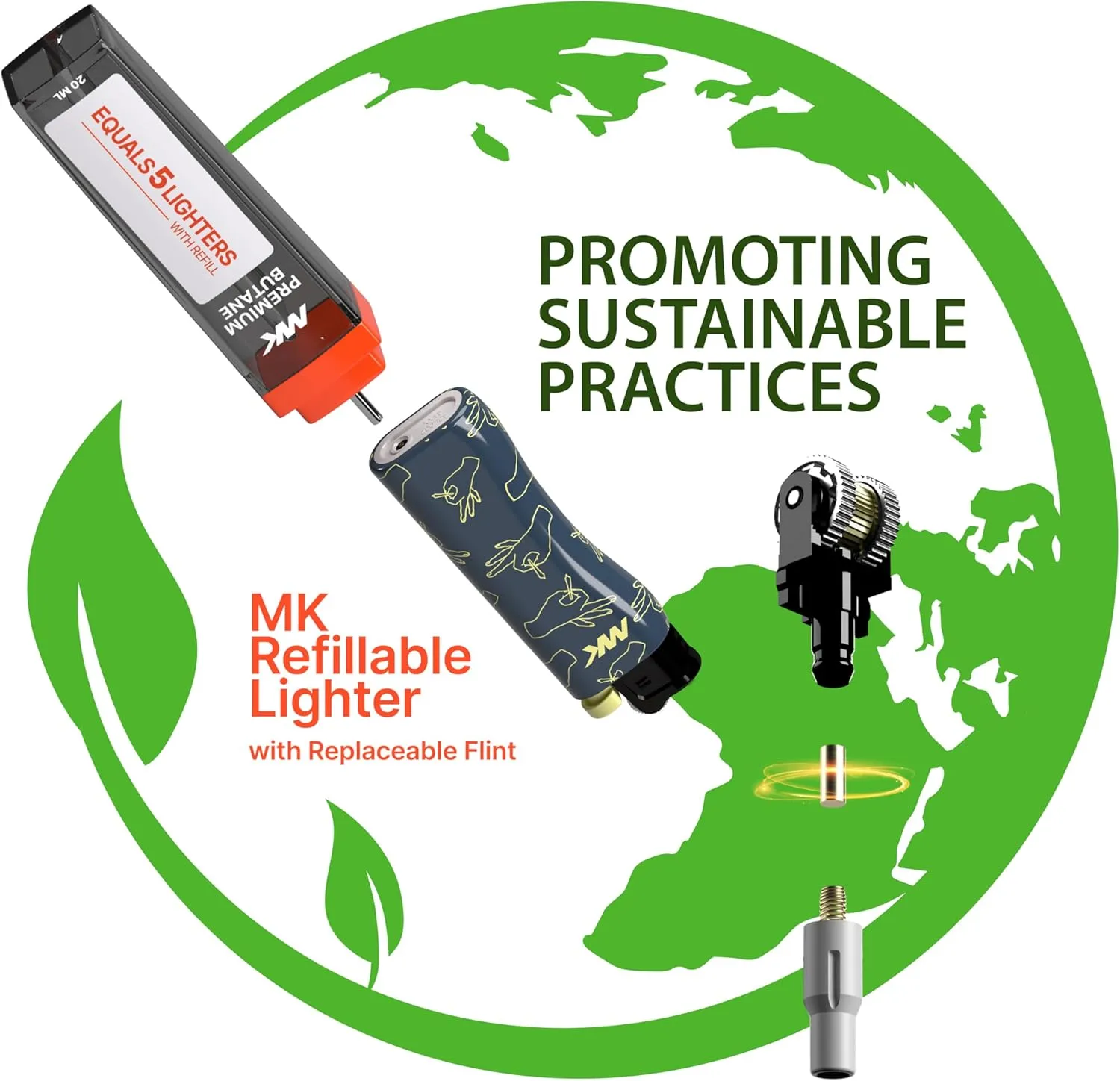 MK Lighter 9G Soft Flame Flint Strike Refillable Lighters - Ideal for Candle, BBQ and Pocket Use (Plant-5PC)