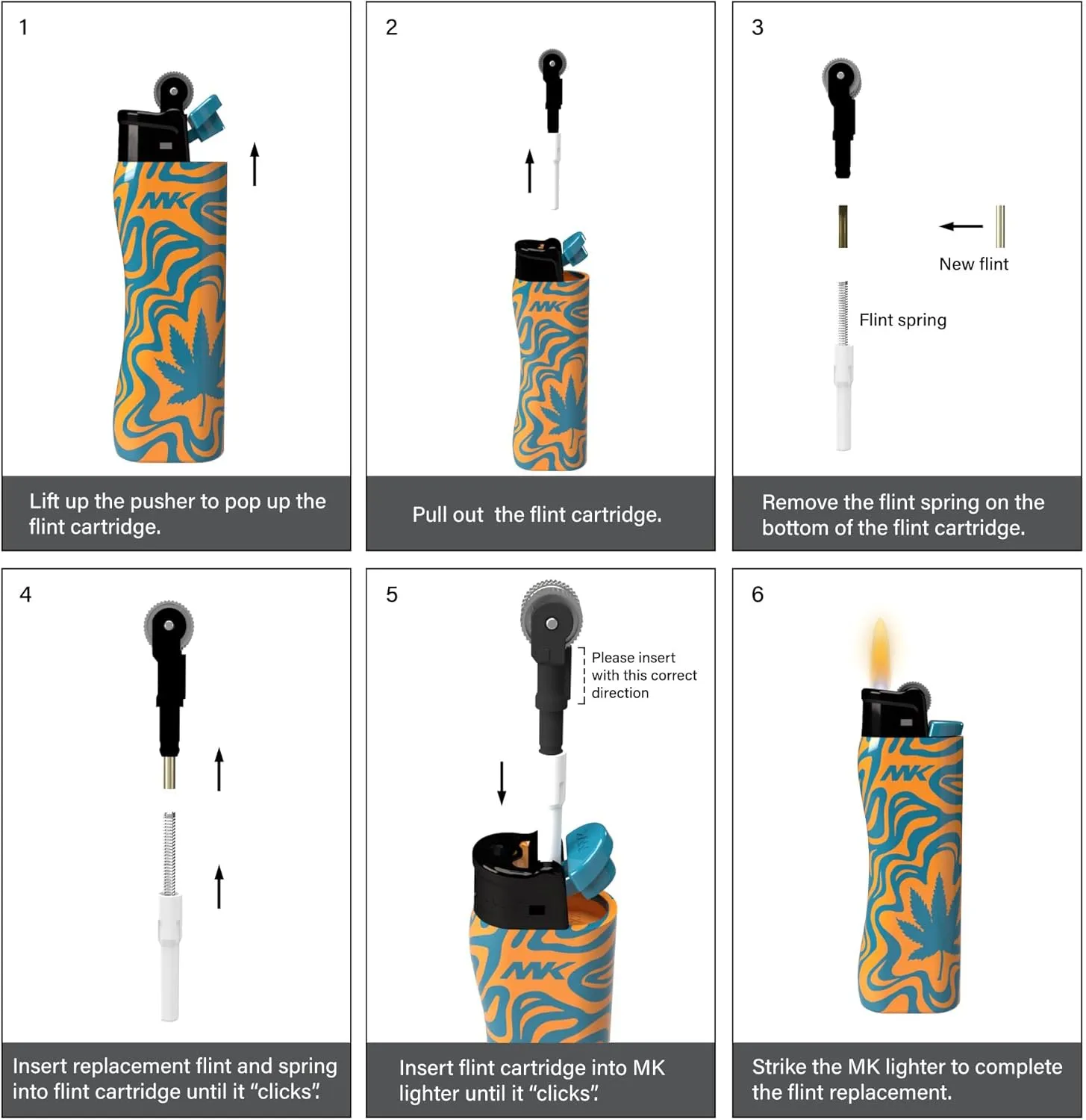 MK Lighter 9G Soft Flame Flint Strike Refillable Lighters - Ideal for Candle, BBQ and Pocket Use (Plant-5PC)
