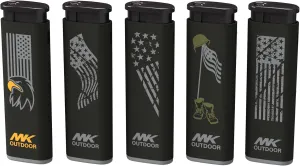 MK Lighter Outdoor Series Alpine Set 5-Pack Assorted Design Multipurpose Refillable, Windproof Flame, Slip Guard Candle & BBQ, Prepping & Camping Supplies, Survival Lighters (Freedom)