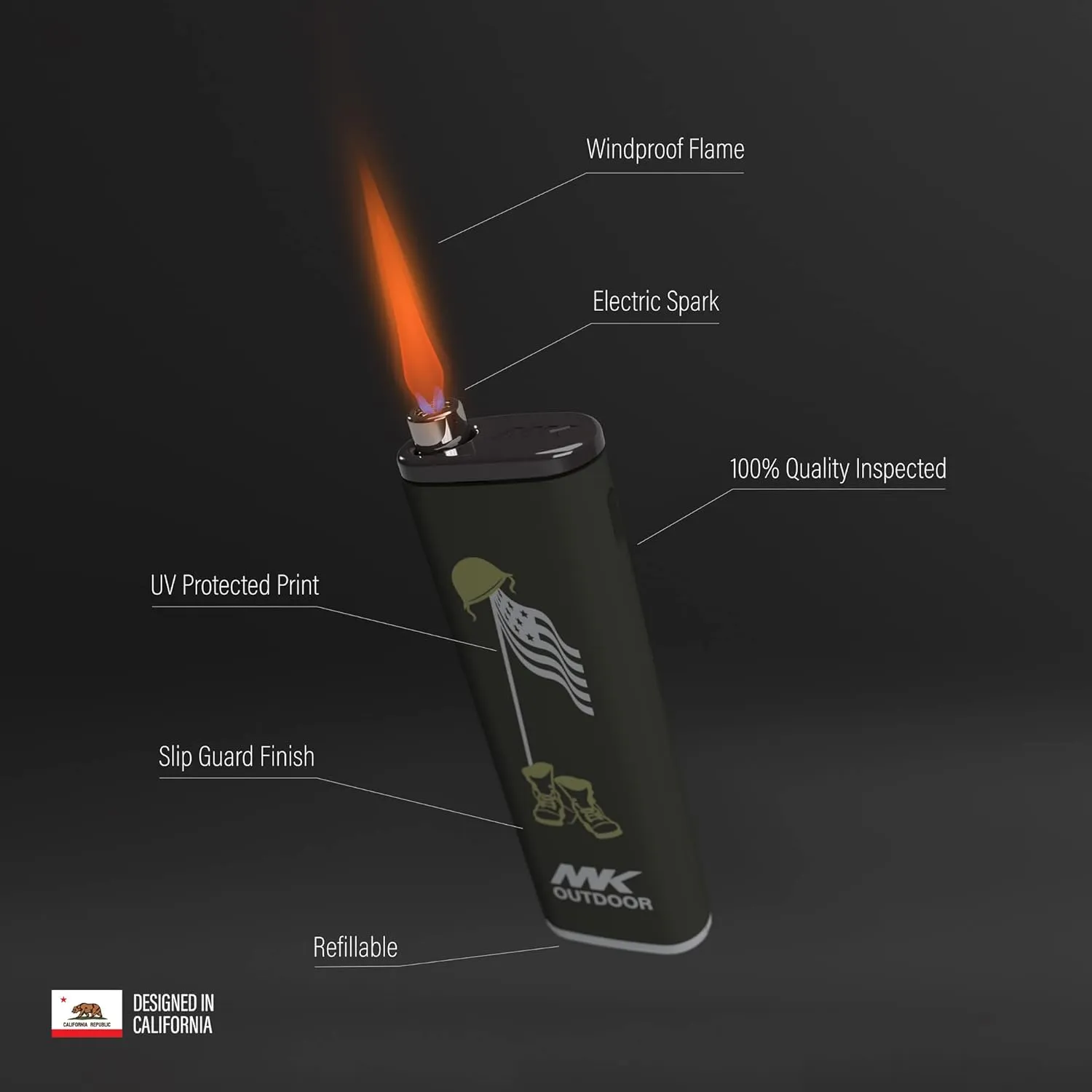MK Lighter Outdoor Series Alpine Set 5-Pack Assorted Design Multipurpose Refillable, Windproof Flame, Slip Guard Candle & BBQ, Prepping & Camping Supplies, Survival Lighters (Freedom)