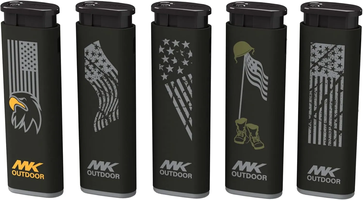 MK Lighter Outdoor Series Alpine Set 5-Pack Assorted Design Multipurpose Refillable, Windproof Flame, Slip Guard Candle & BBQ, Prepping & Camping Supplies, Survival Lighters (Freedom)