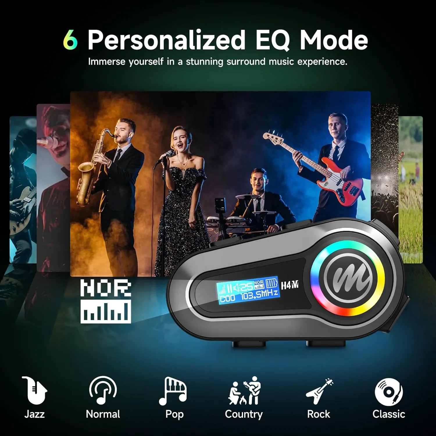 Moman Motorcycle Helmet Headset, H4M with 【LCD Screen & 6 EQ Sound】 Motorbike Helmet Speaker Single Person Use Wireless 5.3 Headphone with HiFi Stereo FM Radio AI Voice Assitant IPX6 Waterproof