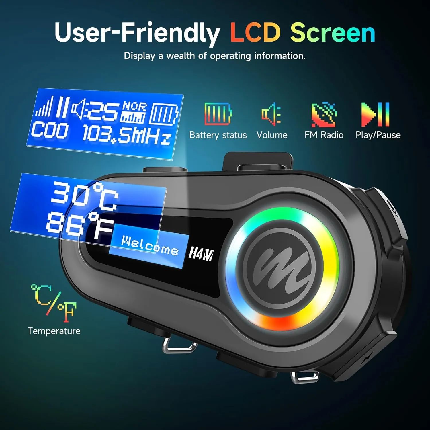 Moman Motorcycle Helmet Headset, H4M with 【LCD Screen & 6 EQ Sound】 Motorbike Helmet Speaker Single Person Use Wireless 5.3 Headphone with HiFi Stereo FM Radio AI Voice Assitant IPX6 Waterproof