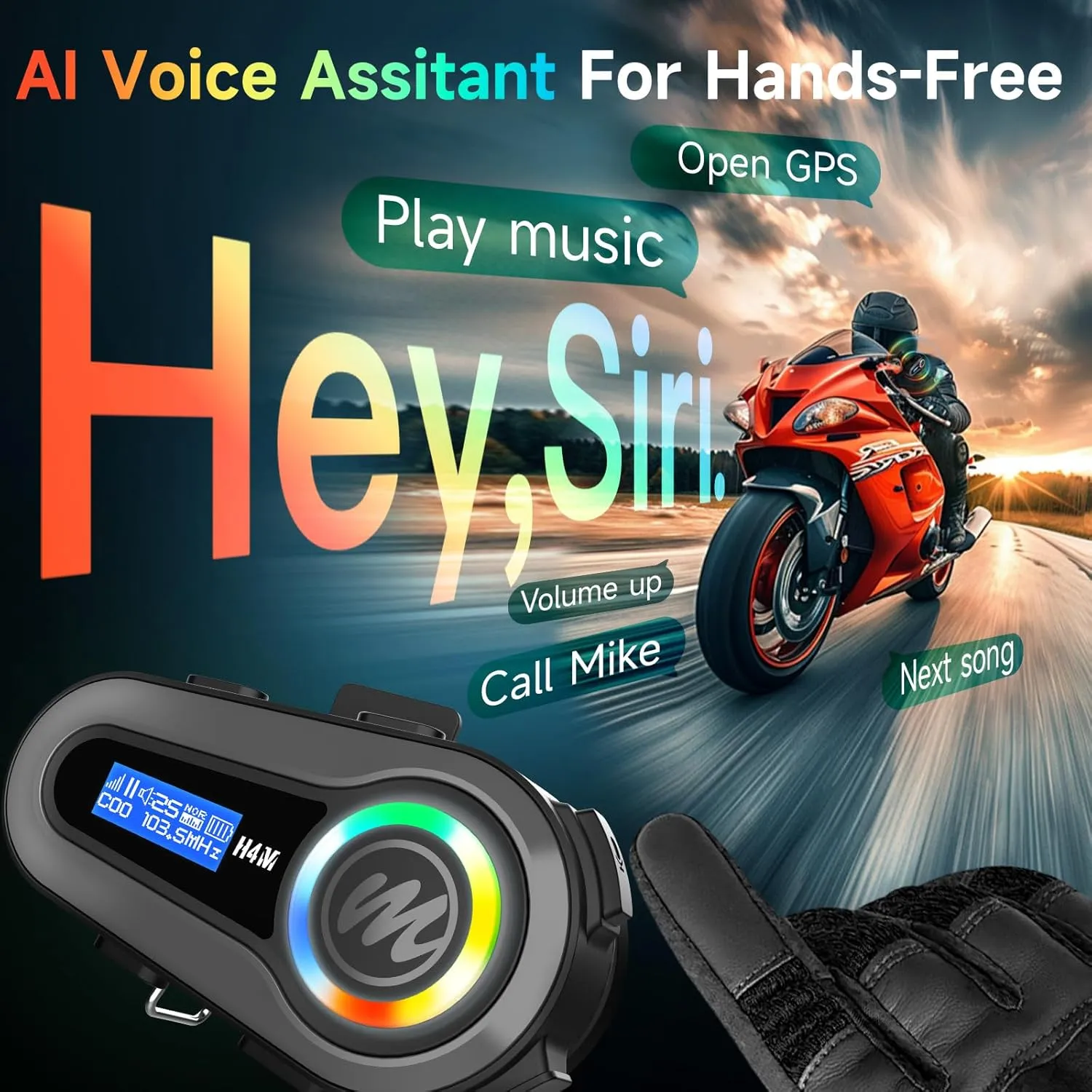 Moman Motorcycle Helmet Headset, H4M with 【LCD Screen & 6 EQ Sound】 Motorbike Helmet Speaker Single Person Use Wireless 5.3 Headphone with HiFi Stereo FM Radio AI Voice Assitant IPX6 Waterproof