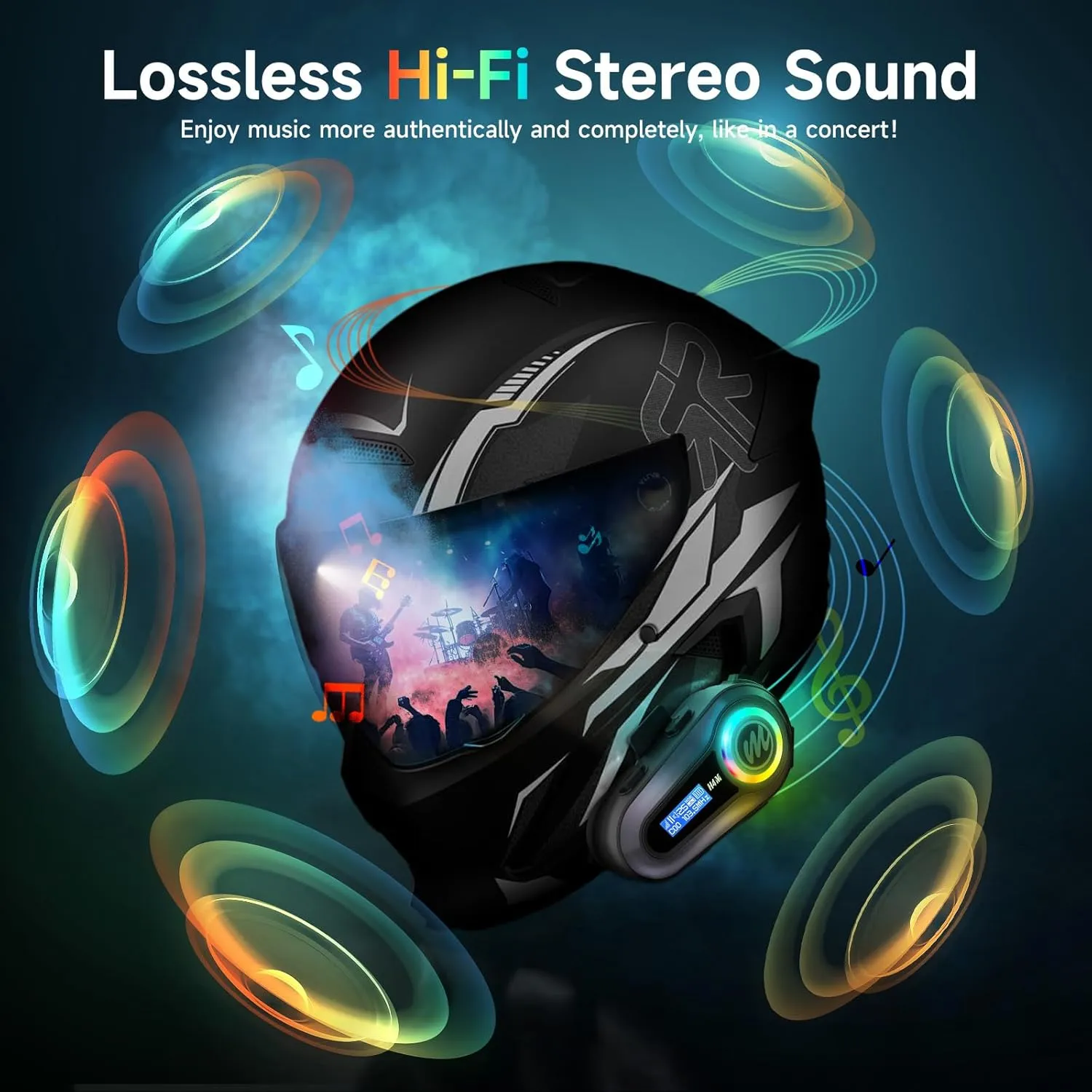Moman Motorcycle Helmet Headset, H4M with 【LCD Screen & 6 EQ Sound】 Motorbike Helmet Speaker Single Person Use Wireless 5.3 Headphone with HiFi Stereo FM Radio AI Voice Assitant IPX6 Waterproof