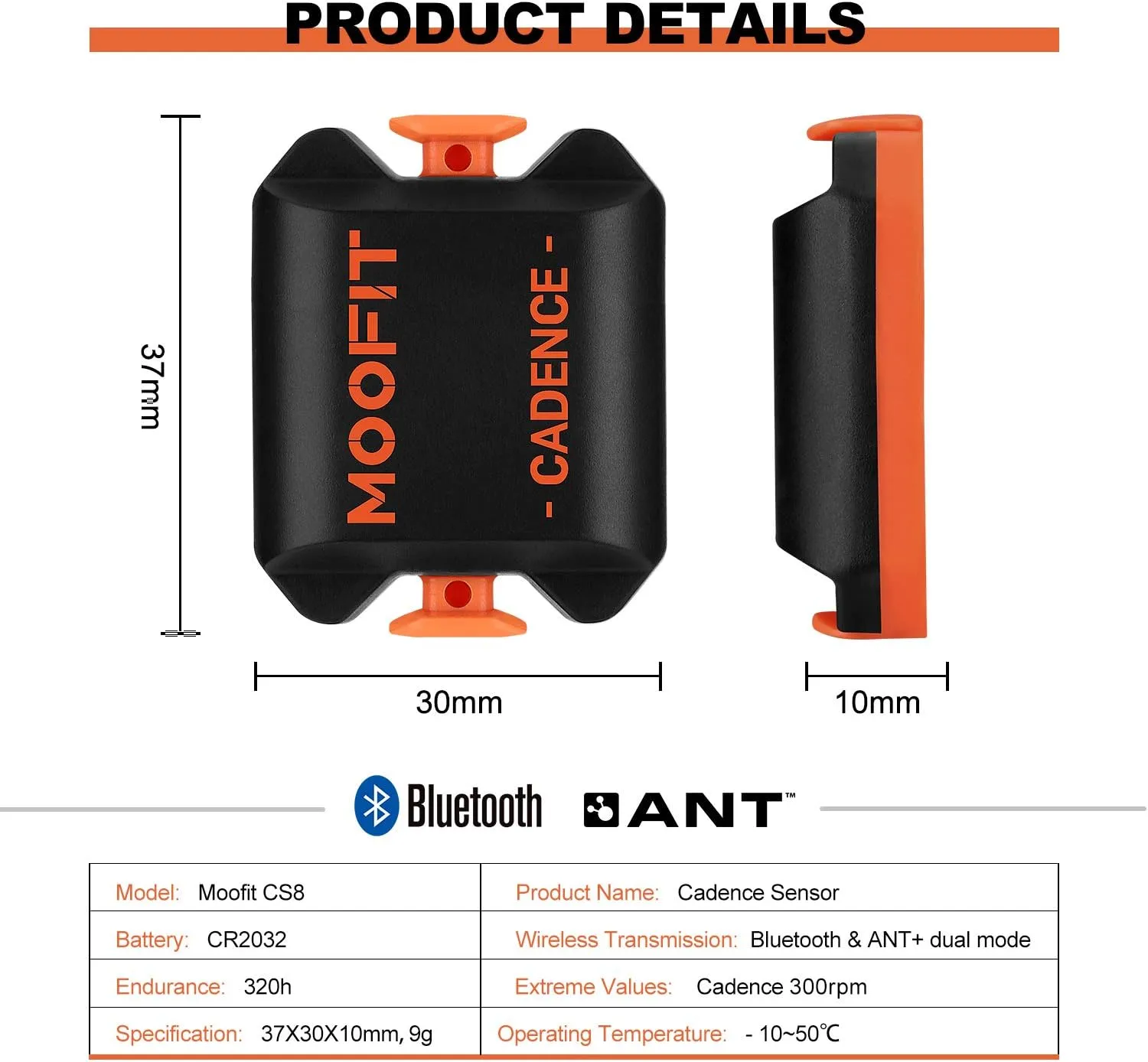 moofit Cadence Speed Sensor, Bluetooth & ANT  Wireless RPM Cycling Spin Bike Cadence Sensor for Wahoo/Coosporide/Rouvy/Peloton, IP67 Waterproof, Orange