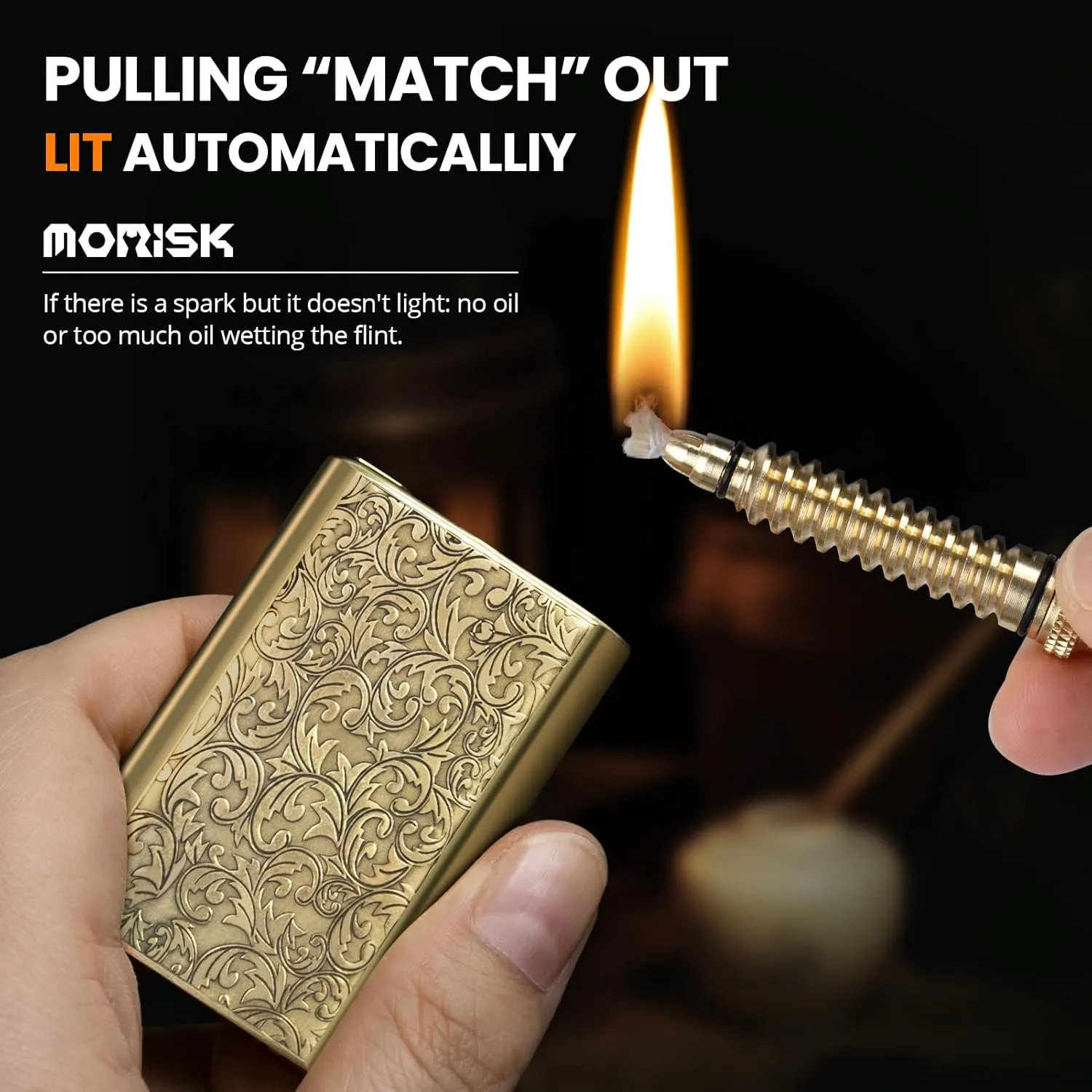 Morisk Vintage Lighter Permanent Match, Cool Lighter Fluid Refillable, Brass Trench Lighters, Creative Auto Fire Starter, EDC Reusable Infinite Matches, Unique Birthday Gift for Men Dad Husband