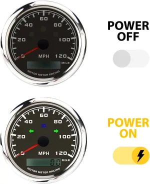 MOTOR METER RACING W Pro 85mm 3-3/8" GPS Speedometer with Turn Signal High Beam 120 MPH Black Dial White LED Digital Odometer Waterproof for Car Truck Motorcycle Harley Marine Boat Yacht