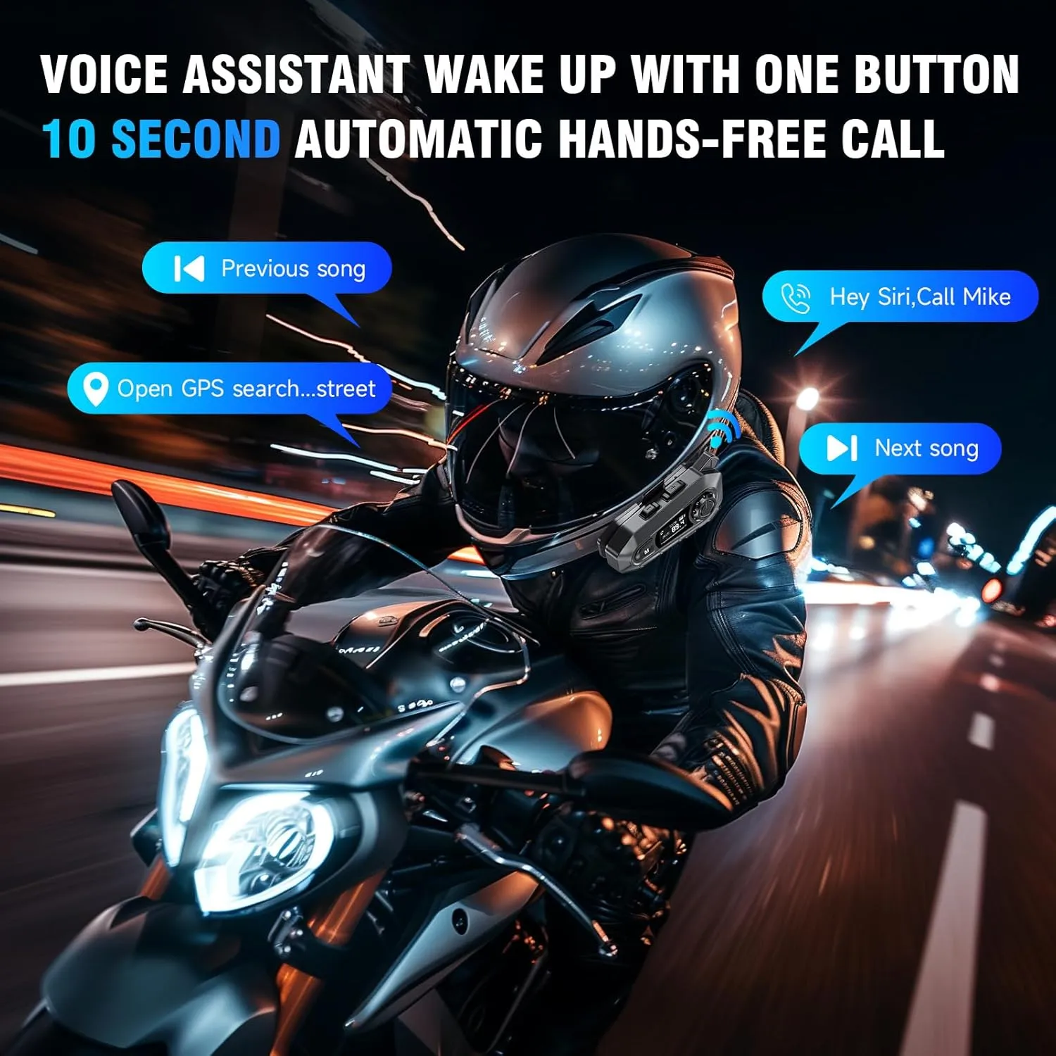 Motorcycle Bluetooth Headset, A1 Helmet Bluetooth Headset with 2 Type Mics, Hands-Free Call/Music/IPX6/Noise Cancellation/Wake Up Siri/Can Connect Two Mobile Phones, Motorcycle Helmet Speakers