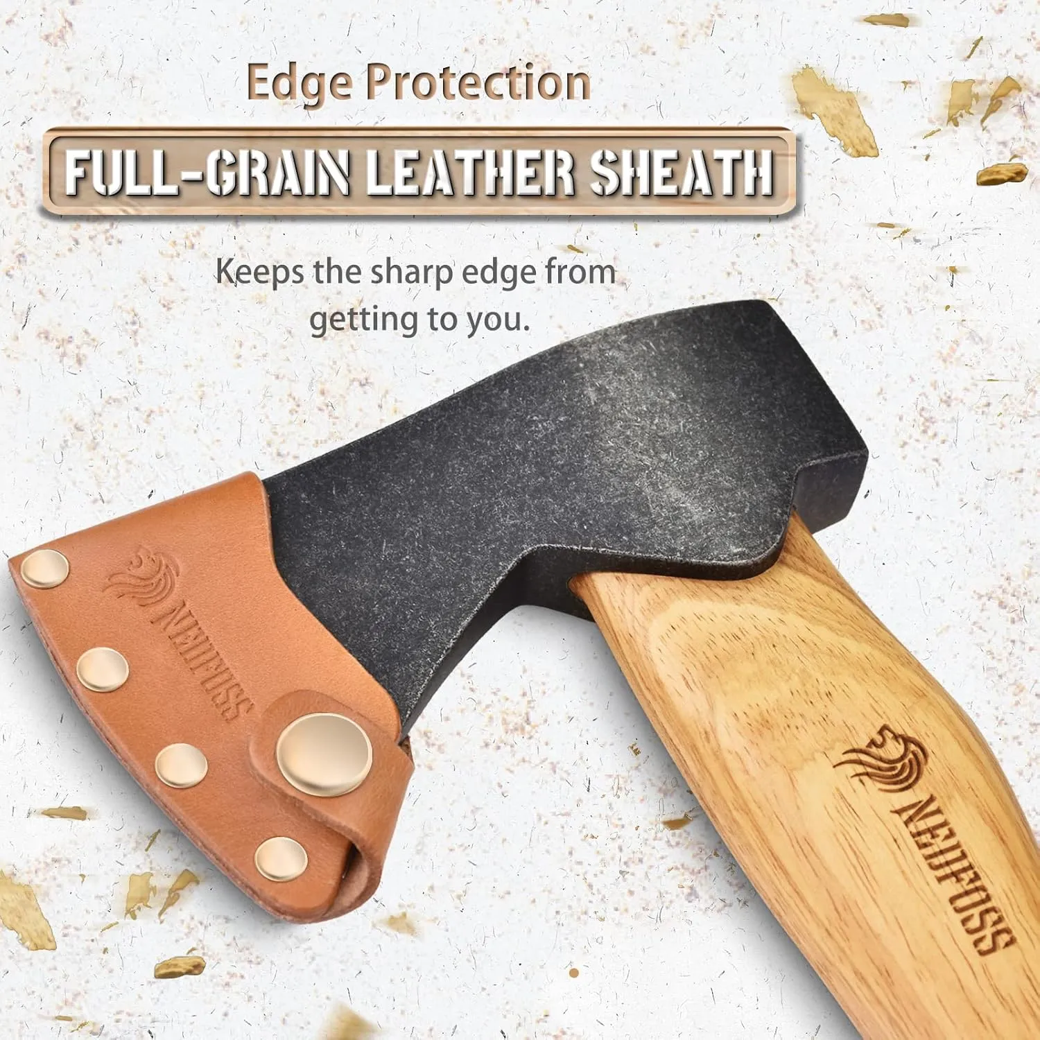 NedFoss 10.8" Hatchet Axe, Camping Axes and Hatchets with Leather Sheath, Oak Wood Handle, Handy Small Axe for Splitting Kindling and Chopping Branches, Firewood