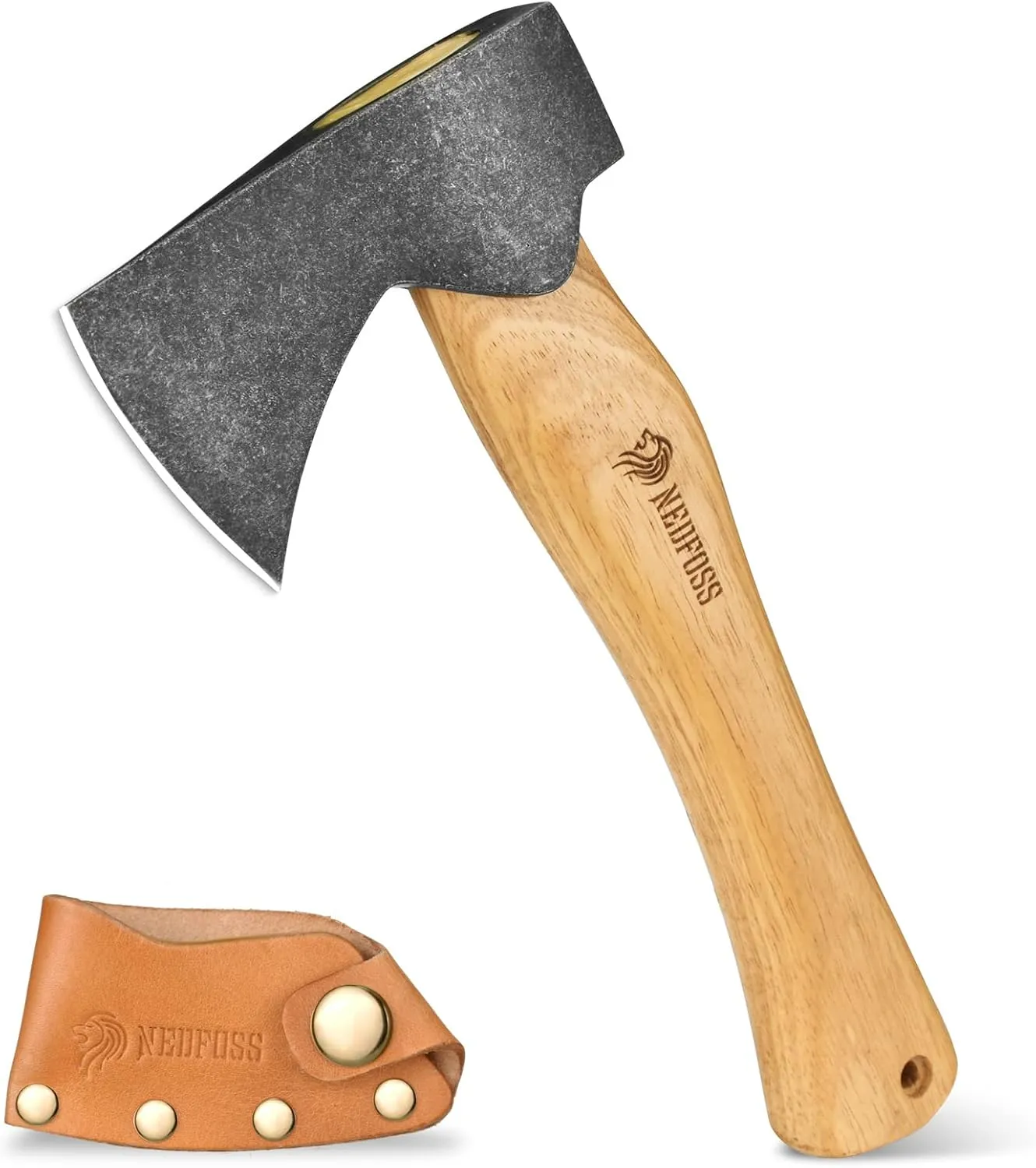 NedFoss 10.8" Hatchet Axe, Camping Axes and Hatchets with Leather Sheath, Oak Wood Handle, Handy Small Axe for Splitting Kindling and Chopping Branches, Firewood