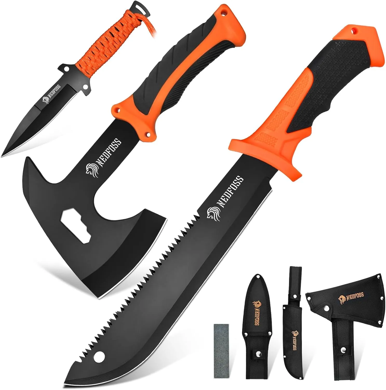 NedFoss 15" Machete, 10" Hatchet with Sheath, Fixed Blade Hunting Knife with Sheath, Camping Hatchet with Shock Reduction Handle, Machete for Cutting Trees, for Yard Work, Clearing Brush