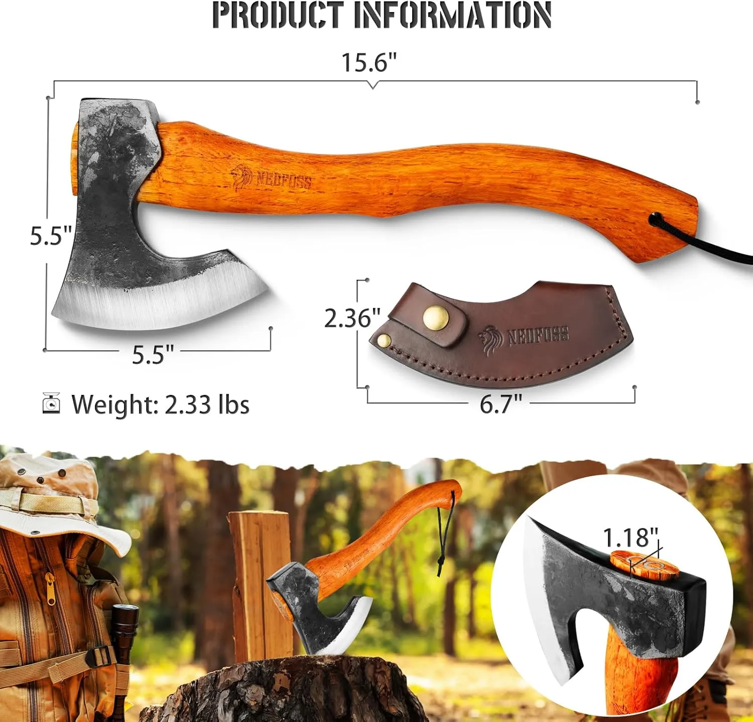 NEDFOSS Mammoth Camping Hatchet Axe, 16" Camping Axe with 1065 High Carbon Steel & Wooden Handle, Multi-Purpose Hatchet Axe for Camping, Bushcraft and Survival, Cabin Dector, Gift for Men