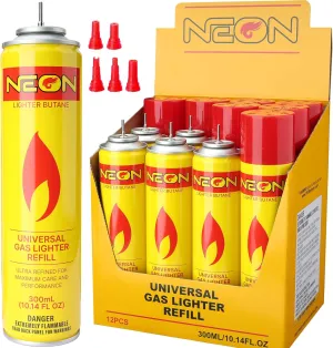 NEON Butane Fuel Refill, 300ml Ultra Refined Lighter Fluid, Premium 99.999% Pure Butane Gas with Metal Nozzle and 5 Butane Adapter Tips for Torch Lighter, Kitchen Torches, Refillable Lighters