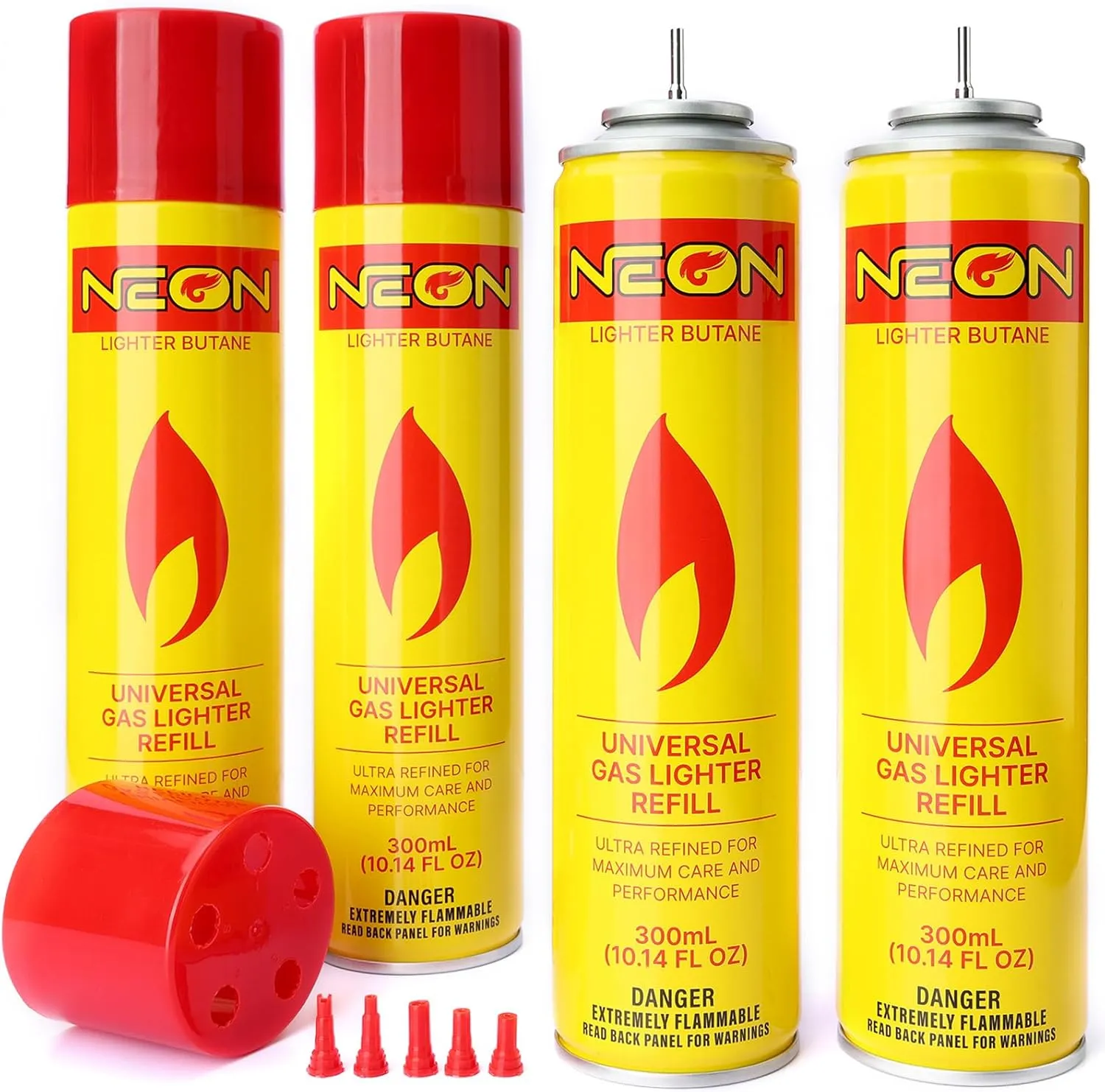 NEON Butane Fuel Refill, 300ml Ultra Refined Lighter Fluid, Premium 99.999% Pure Butane Gas with Metal Nozzle and 5 Butane Adapter Tips for Torch Lighter, Kitchen Torches, Refillable Lighters