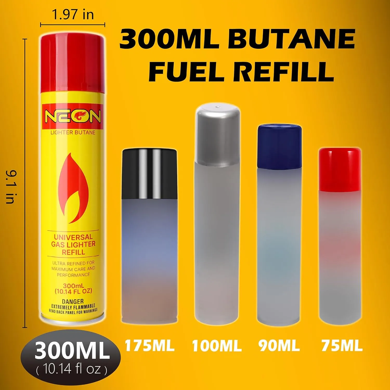 NEON Butane Fuel Refill, 300ml Ultra Refined Lighter Fluid, Premium 99.999% Pure Butane Gas with Metal Nozzle and 5 Butane Adapter Tips for Torch Lighter, Kitchen Torches, Refillable Lighters