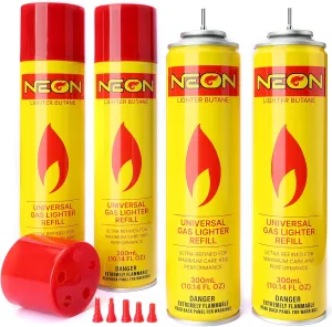NEON Butane Fuel Refill, 300ml Ultra Refined Lighter Fluid, Premium 99.999% Pure Butane Gas with Metal Nozzle and 5 Butane Adapter Tips for Torch Lighter, Kitchen Torches, Refillable Lighters