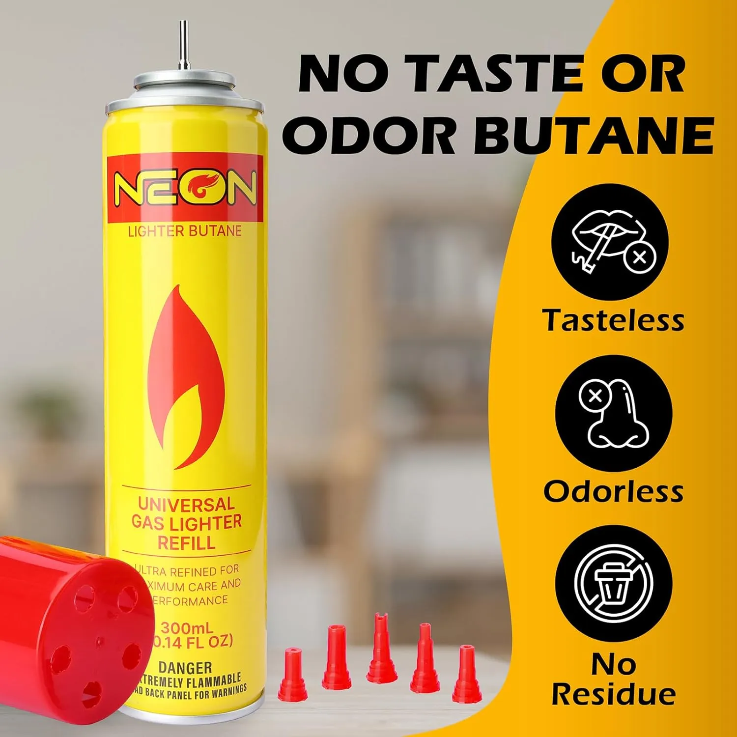 NEON Butane Fuel Refill, 300ml Ultra Refined Lighter Fluid, Premium 99.999% Pure Butane Gas with Metal Nozzle and 5 Butane Adapter Tips for Torch Lighter, Kitchen Torches, Refillable Lighters