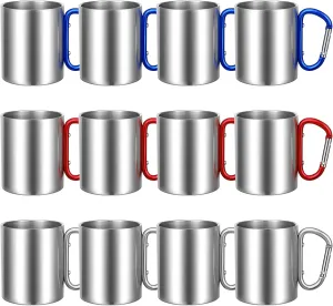 Nuanchu 12 Pcs Insulated Stainless Steel Camping Cup 10 oz Portable Camping Coffee Mug with D Ring Handle Hiking Mug for Home Tea Hot Cold Drinks Outdoor Sports Travel Backpacking Kitchen, 3 Styles