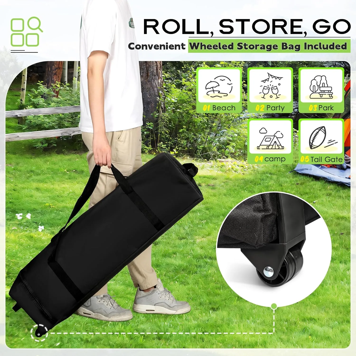 Oakcloud 8x8 Outdoor Pop-up Canopy Tent with 2 Expandable Sidewalls, Patio Shade Canopy for Parties, Beach, Camping, Event Shelters Bonus 1 Wheeled Bag, 12 Tent Pegs, 4 Sandbags, 8 Ropes (Black)
