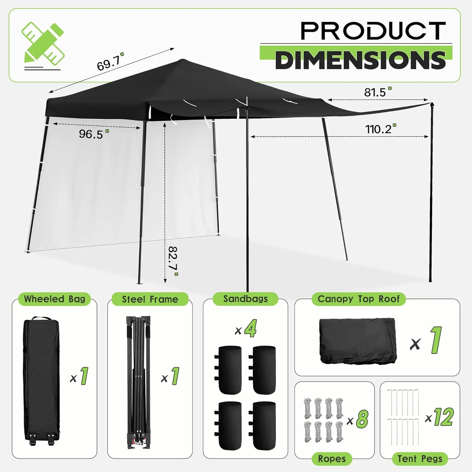 Oakcloud 8x8 Outdoor Pop-up Canopy Tent with 2 Expandable Sidewalls, Patio Shade Canopy for Parties, Beach, Camping, Event Shelters Bonus 1 Wheeled Bag, 12 Tent Pegs, 4 Sandbags, 8 Ropes (Black)