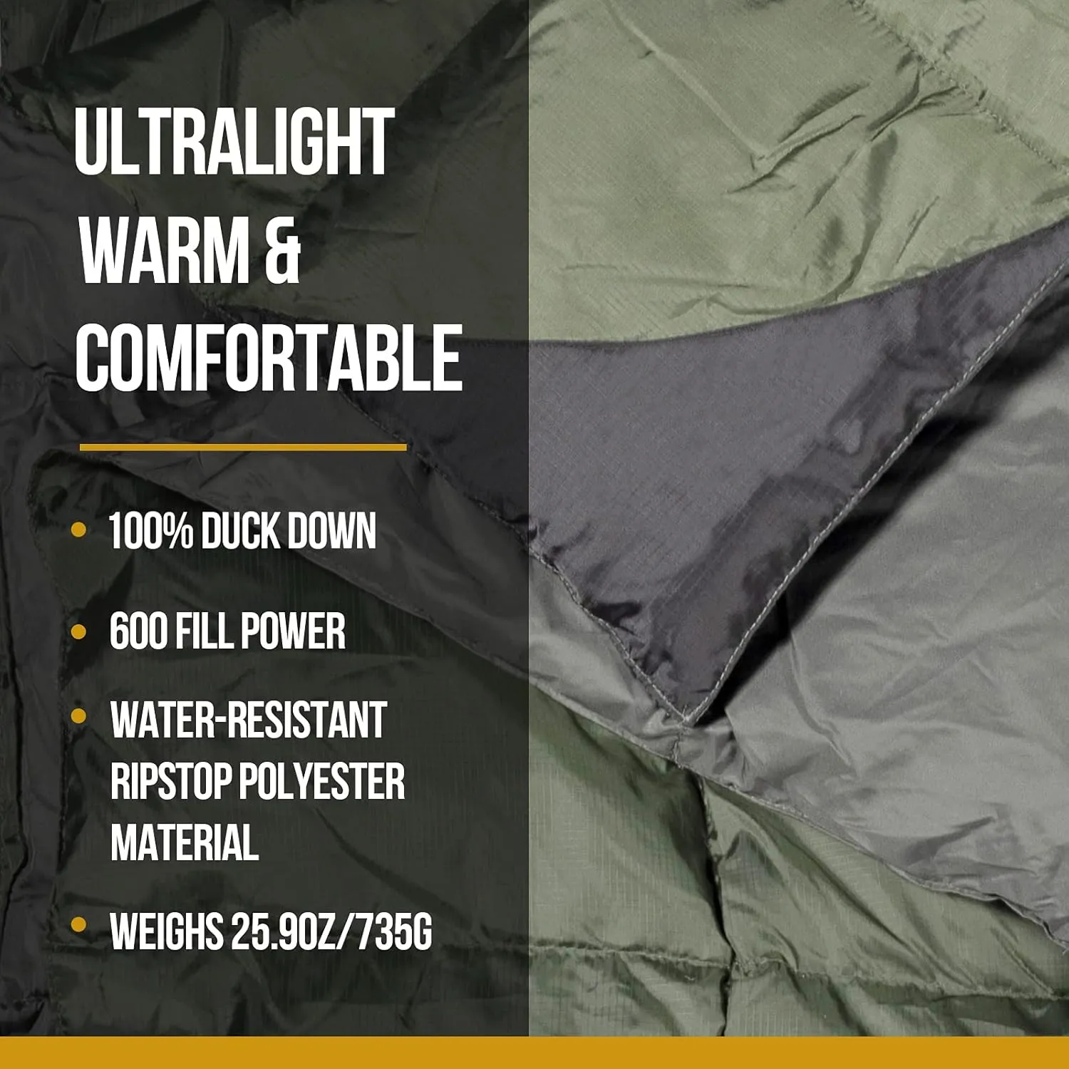 OneTigris Down Camping Blanket for Cold Weather Packable Puffy Backpacking Lightweight Quilt Hiking Gardening Travel Beach Picnic (OD Green)