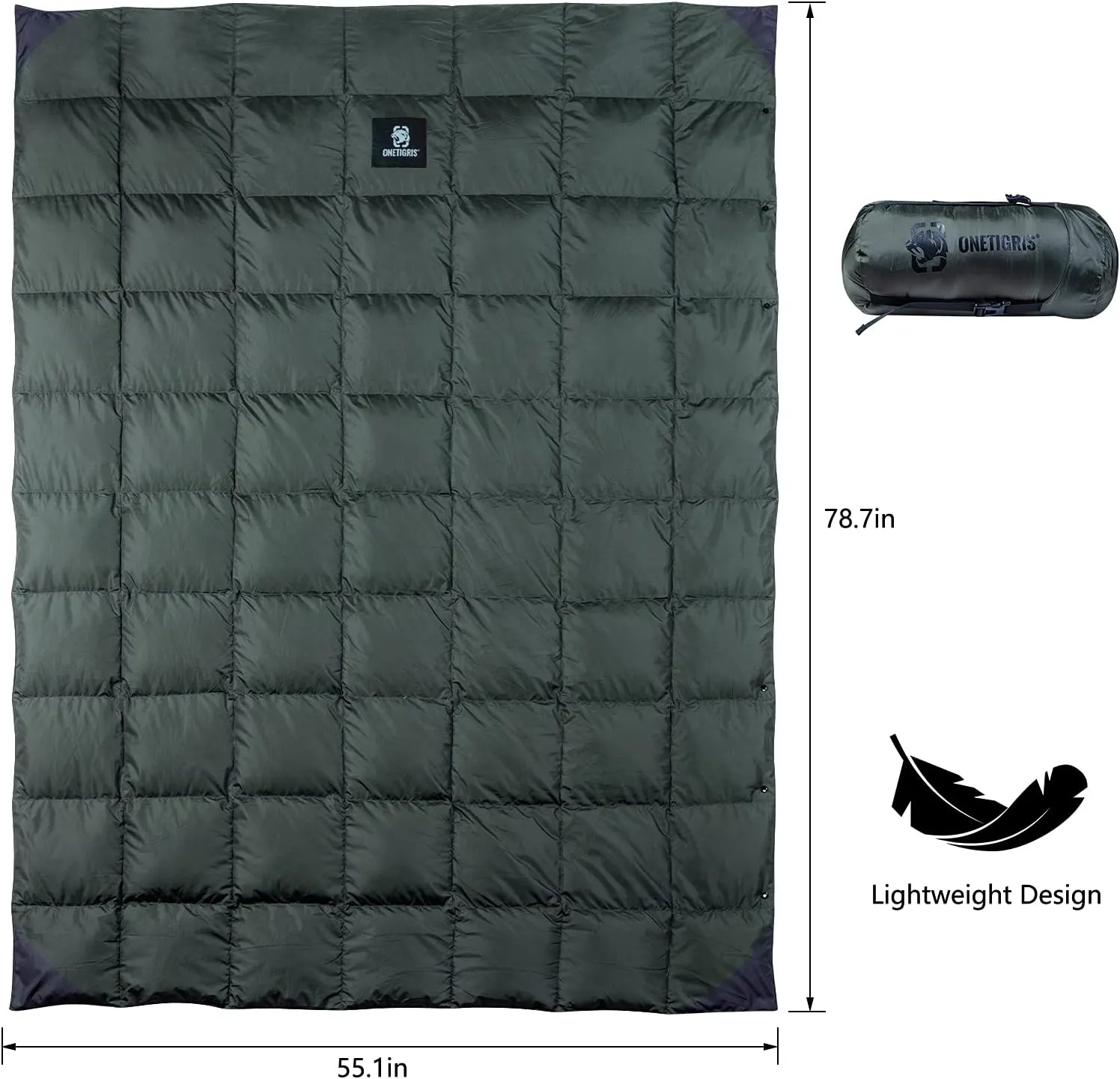 OneTigris Down Camping Blanket for Cold Weather Packable Puffy Backpacking Lightweight Quilt Hiking Gardening Travel Beach Picnic (OD Green)