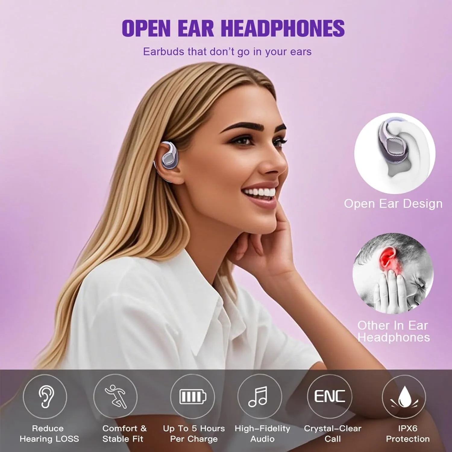Open Over The Ear Earbuds Ear Buds Air Bone Conduction Headphones Purple Wireless Bluetooth Out of Ear Earbuds for Small Ears Canals Women Kids with Ear Loop for Working Out Running Sport