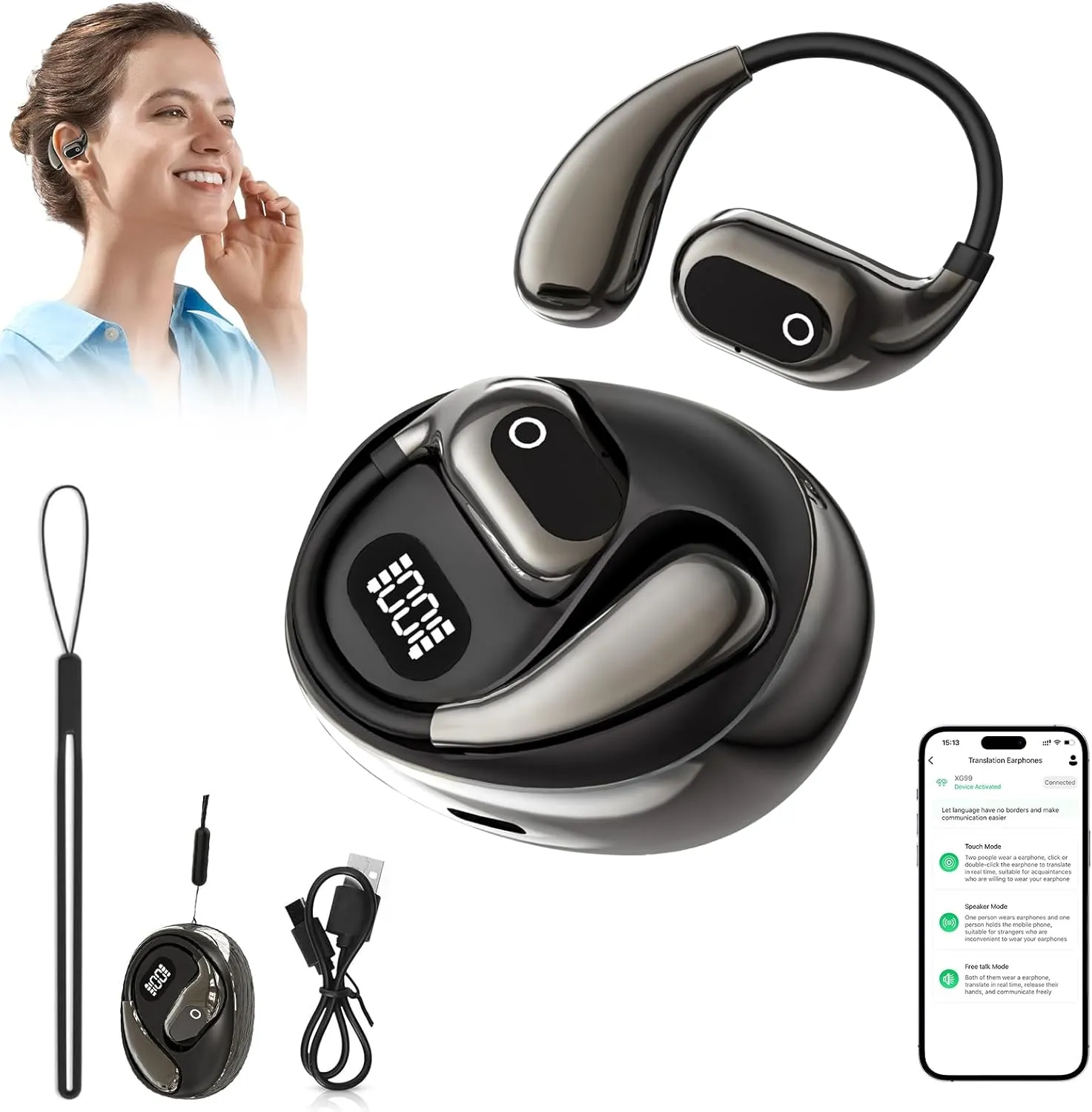 Openair 5 OWS Translation Wireless Bluetooth Earphones, Translation Headphones, 3-in-1 Open Air Traductor, Language Translator Earbuds Real-Time with 138 Languages fit iOS & Android (Black)