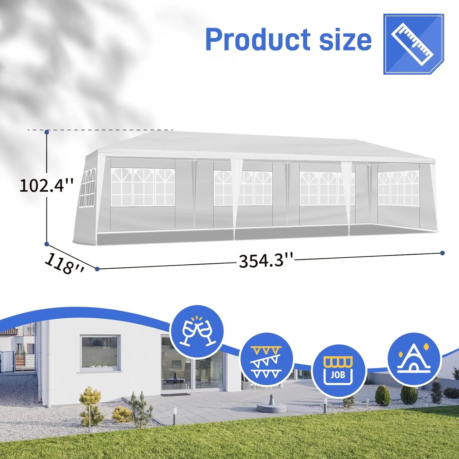 Outdoor Gazebo White Canopy with sidewalls, Wedding Party Tent with UV Blocking for Parties Sun Rain Shelter Gazebo Canopy Tent (10x30ft) (White-10 * 30ft-7 Sidewalls)