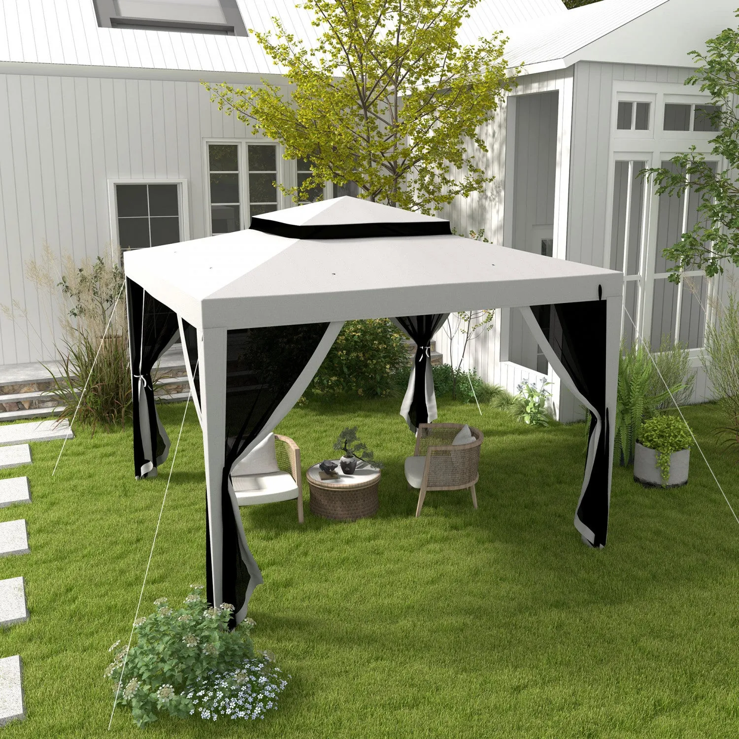 Outsunny 10' X 10' Canopy Tent, Party Tent With Mesh Netting And Double Tier Roof For Backyard, Gard|Outsunny Tente D'auvent 10' X 10', Tente Partielle Avec Filet En Maille Et Toit A Deux Niveaux Pour