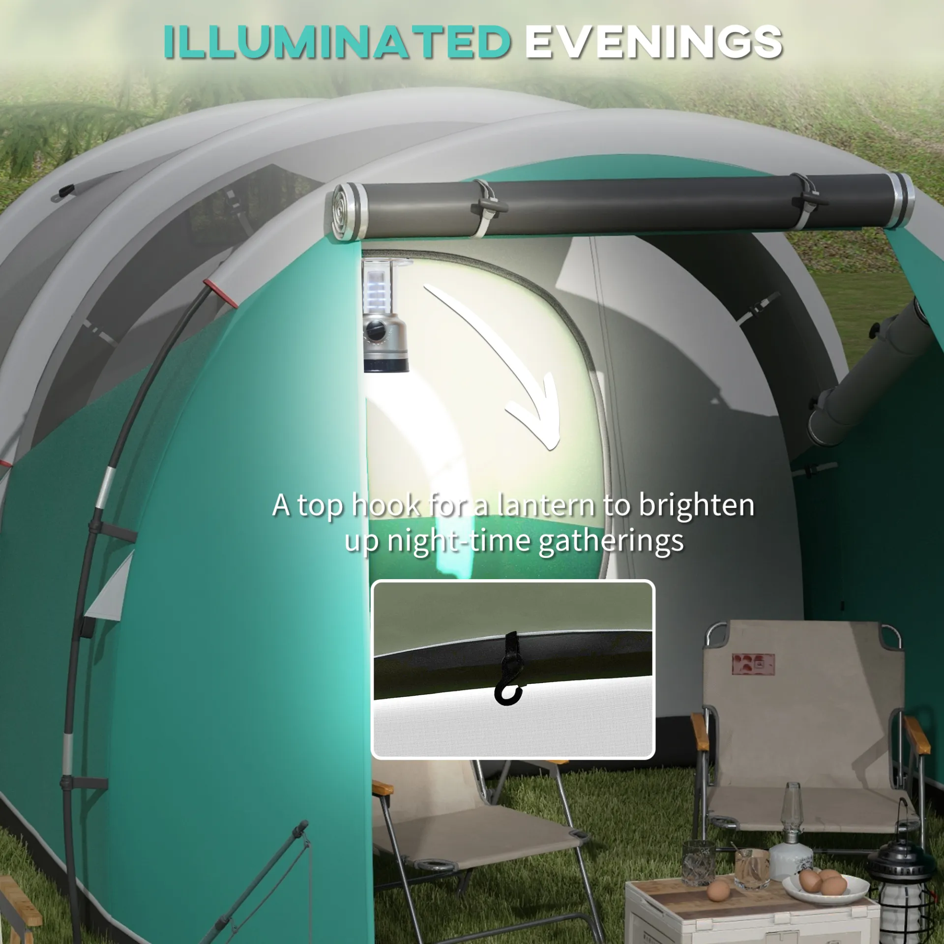 Outsunny 2 Room Camping Tent for 4-5 Man, 3000mm Waterproof Family Tent with Carry Bag, for Fishing Hiking Festival, Green