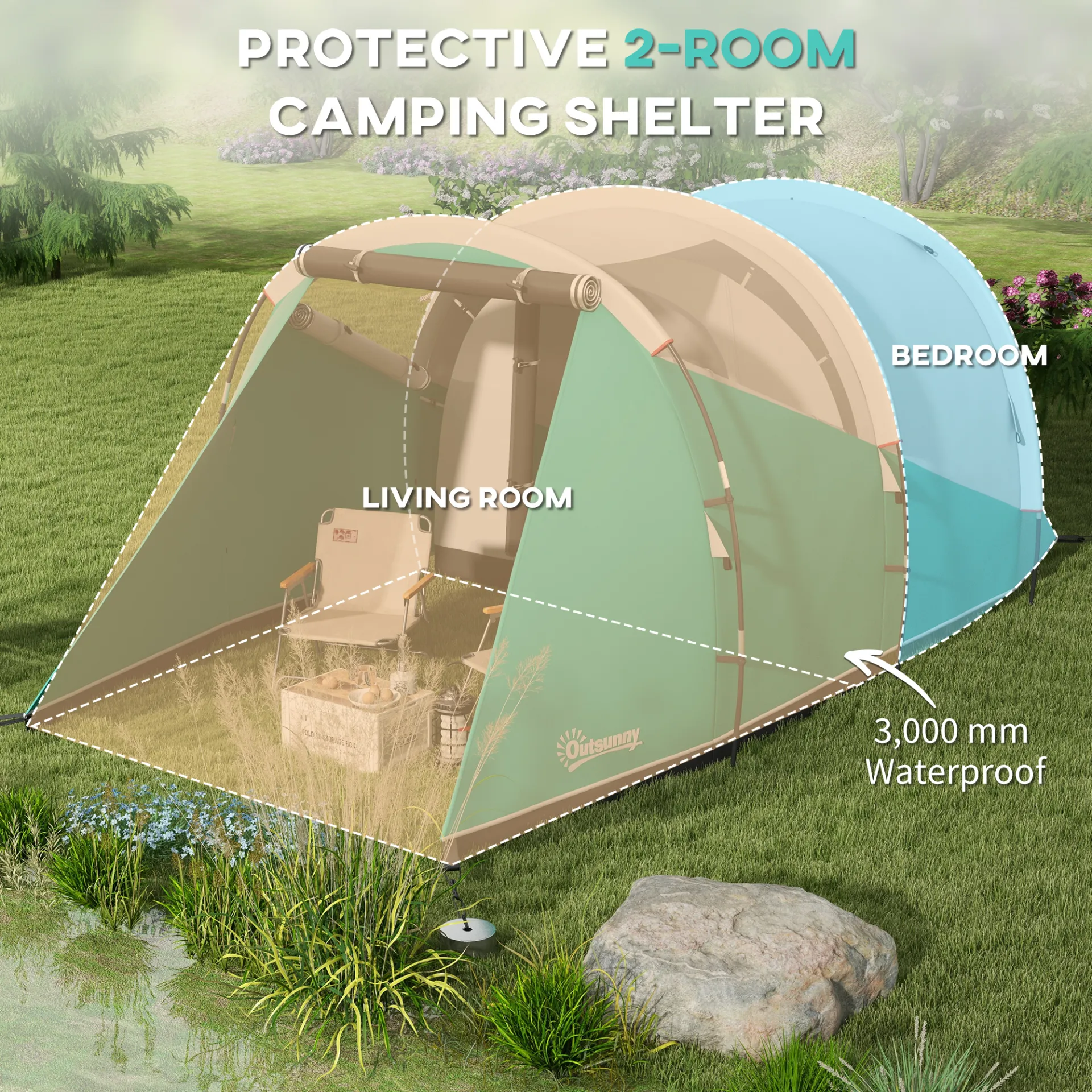 Outsunny 2 Room Camping Tent for 4-5 Man, 3000mm Waterproof Family Tent with Carry Bag, for Fishing Hiking Festival, Green