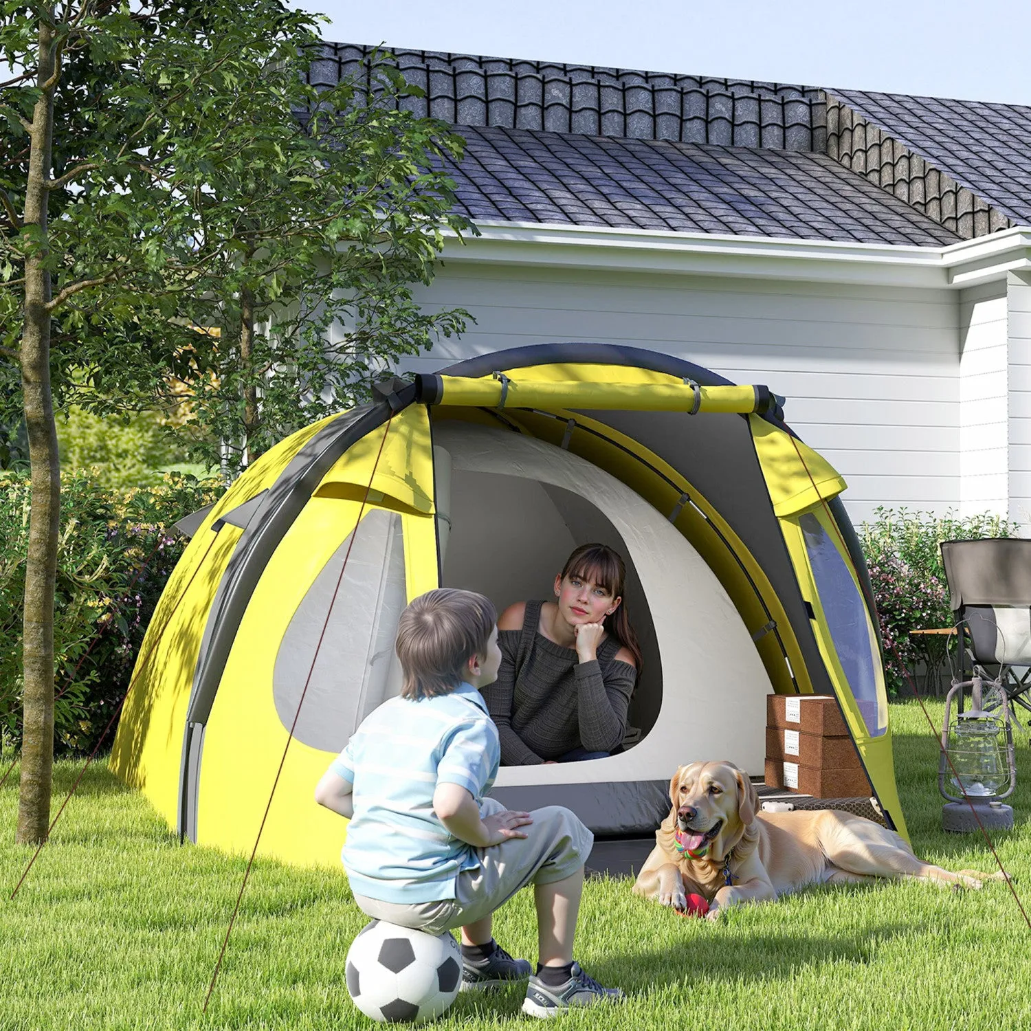 Outsunny 3-4 Person Camping Tent, Easy Set Up Dome Tent With Porch